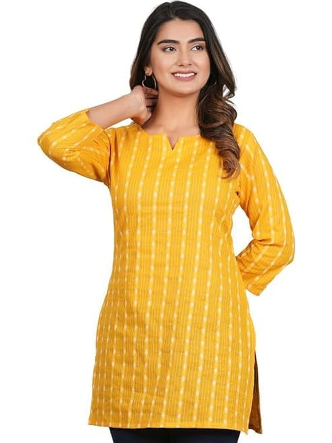 Pushpraj fashion Women Yellow V-Neck Striped Cotton Kurta