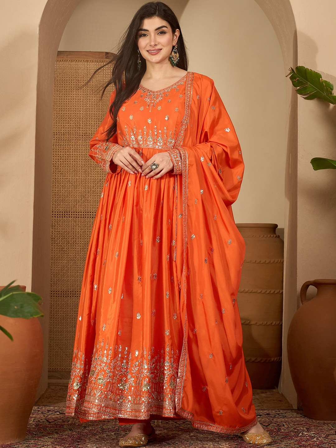 Orange American Silk Thread & Sequence Work Anarkali Kurta with Trouser And Dupatta