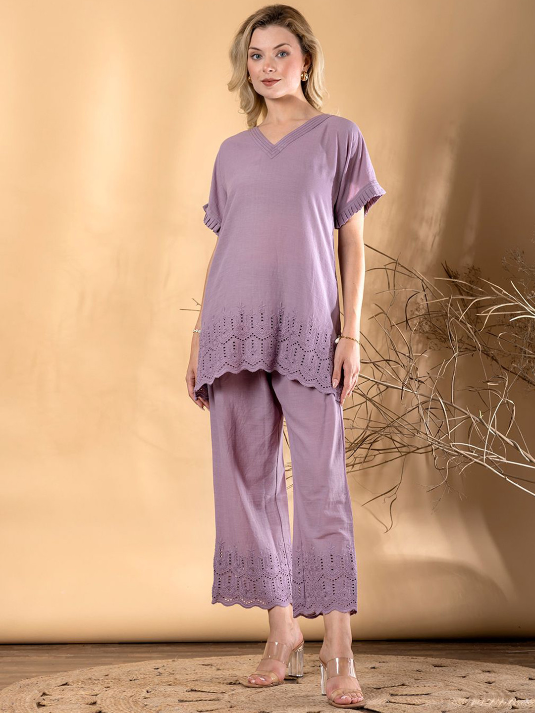 Readiprint Women Straight Style Cotton Fabric Mauve Color Embroidered Co-Ord Set