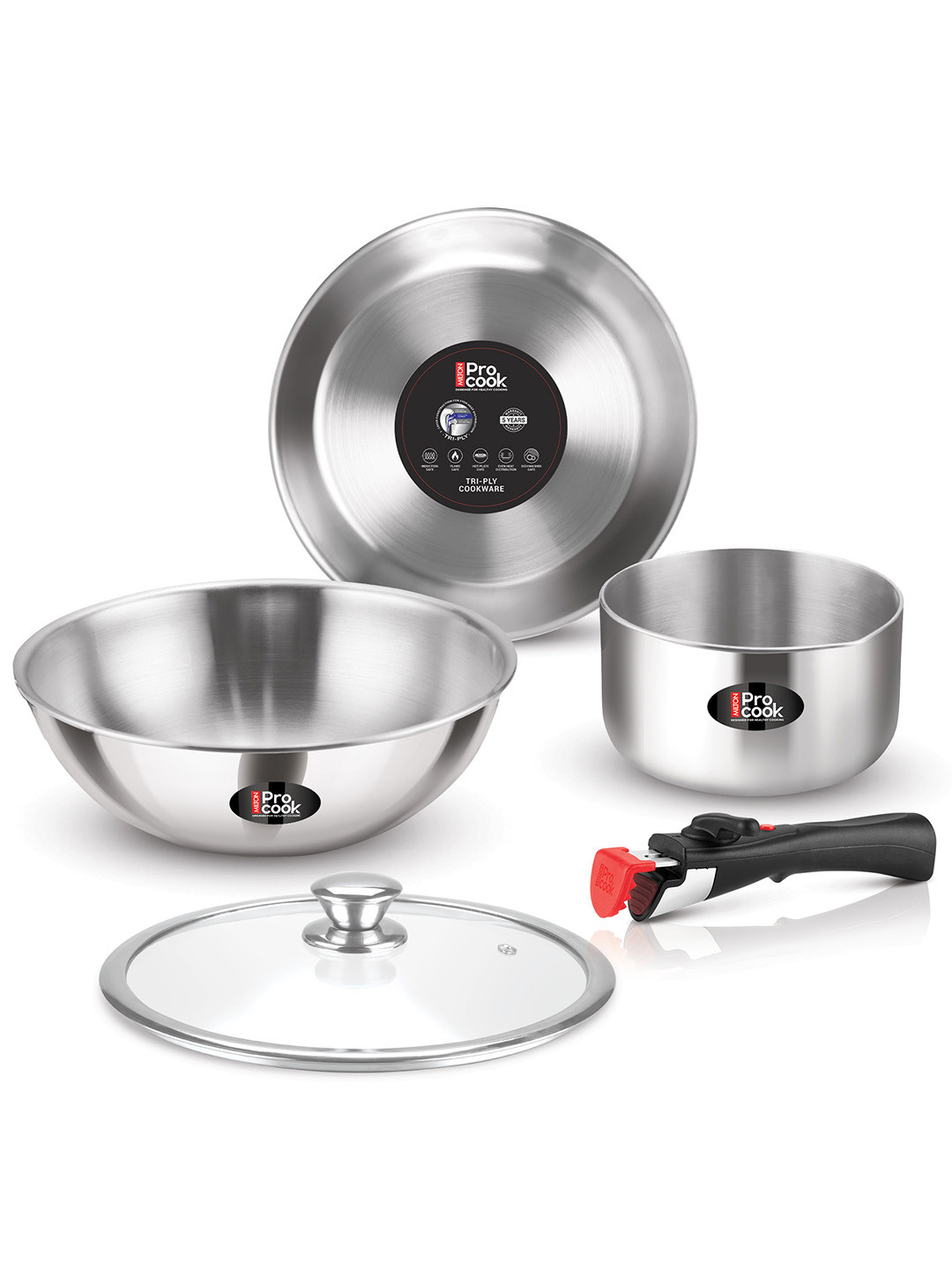 Milton Pro Cook Tri-Ply Steel Cookware with Detachable Handle Tea & Fry Pan Kadai