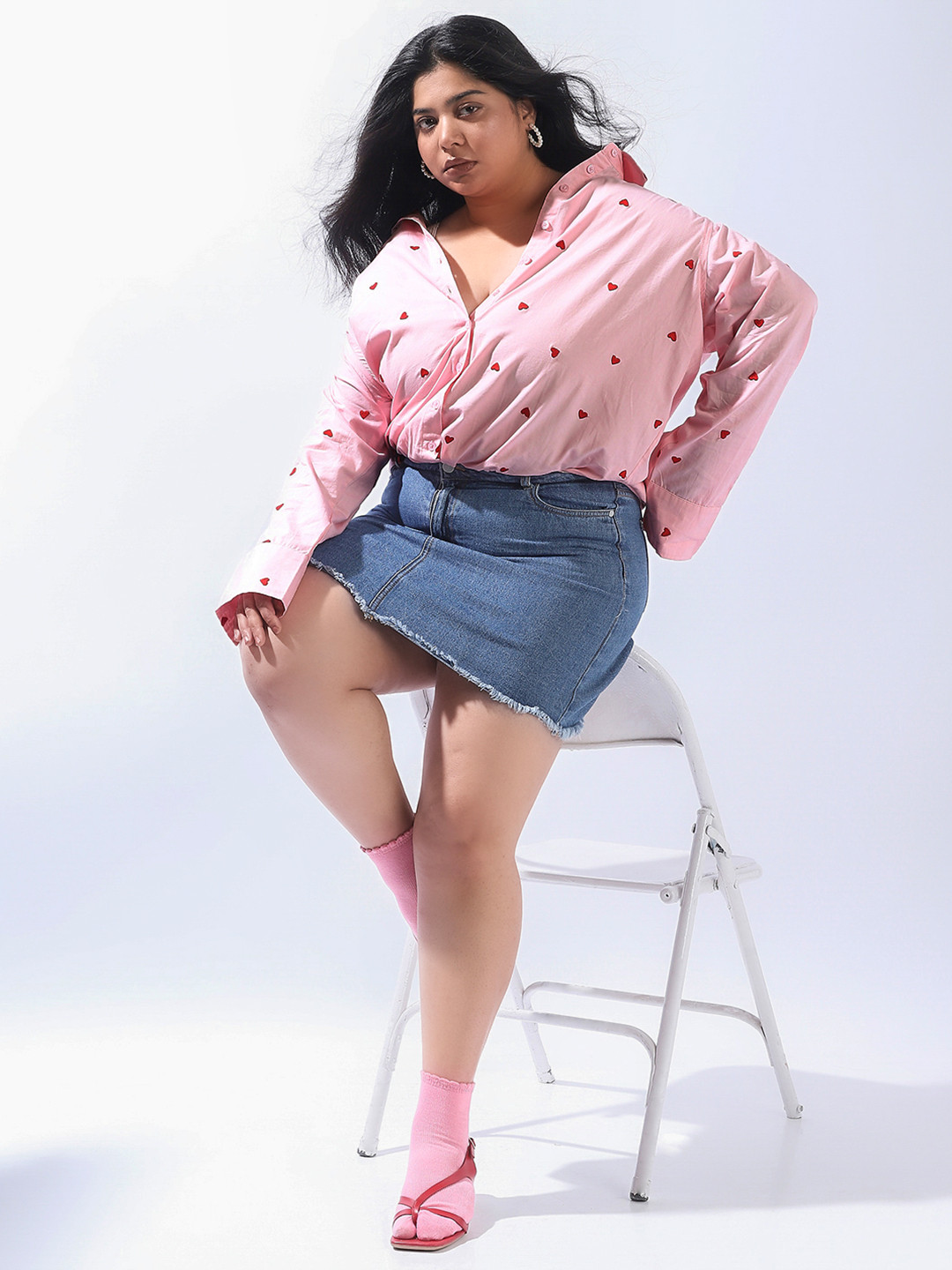 Freeform by High Star Women Plus Size Oversized Fit Heart Embroidered Cotton Casual Shirt