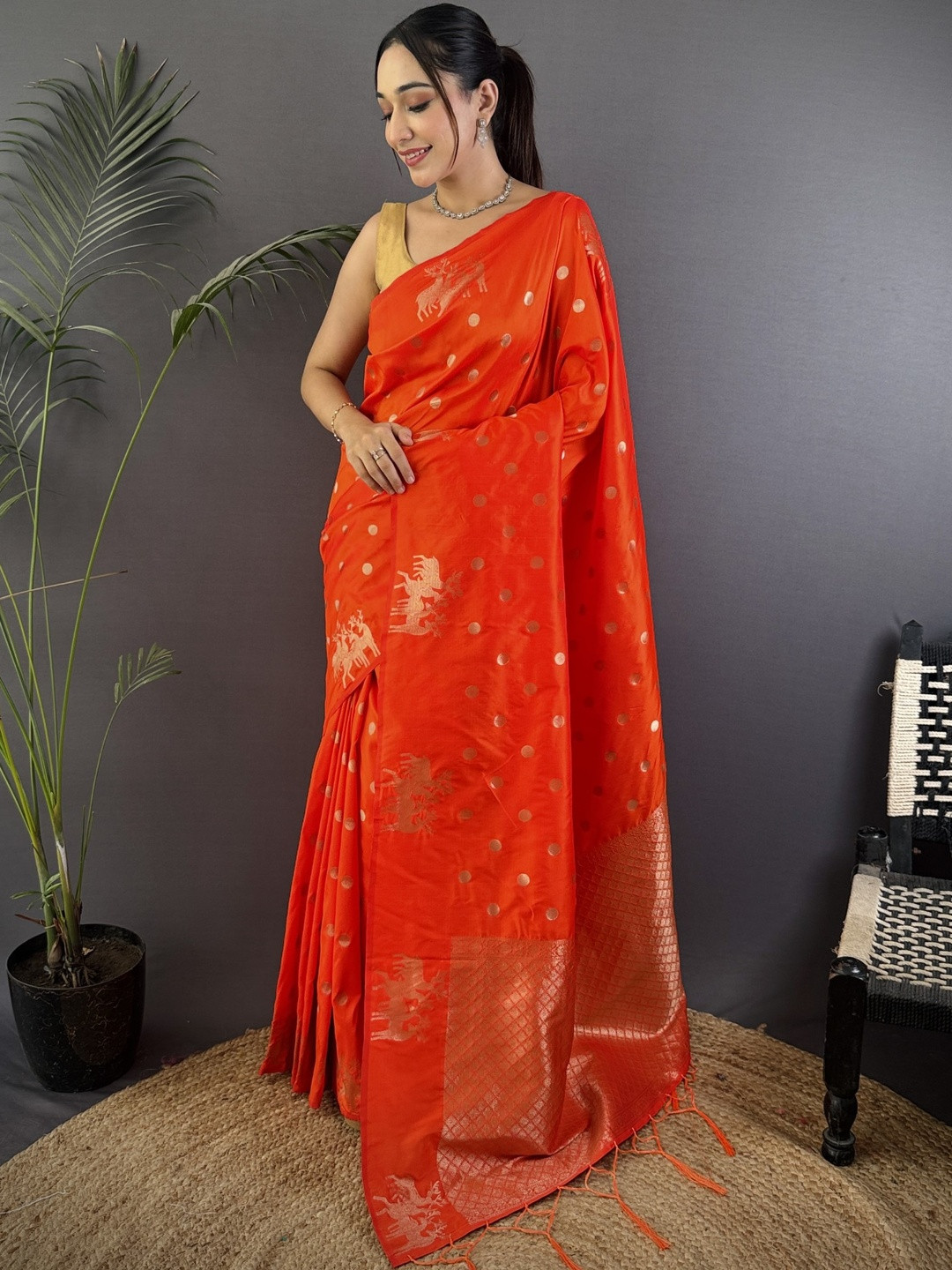 Orange Lichi Silk Two Tone Saree With Zari Weaving And Matching Blouse Piece