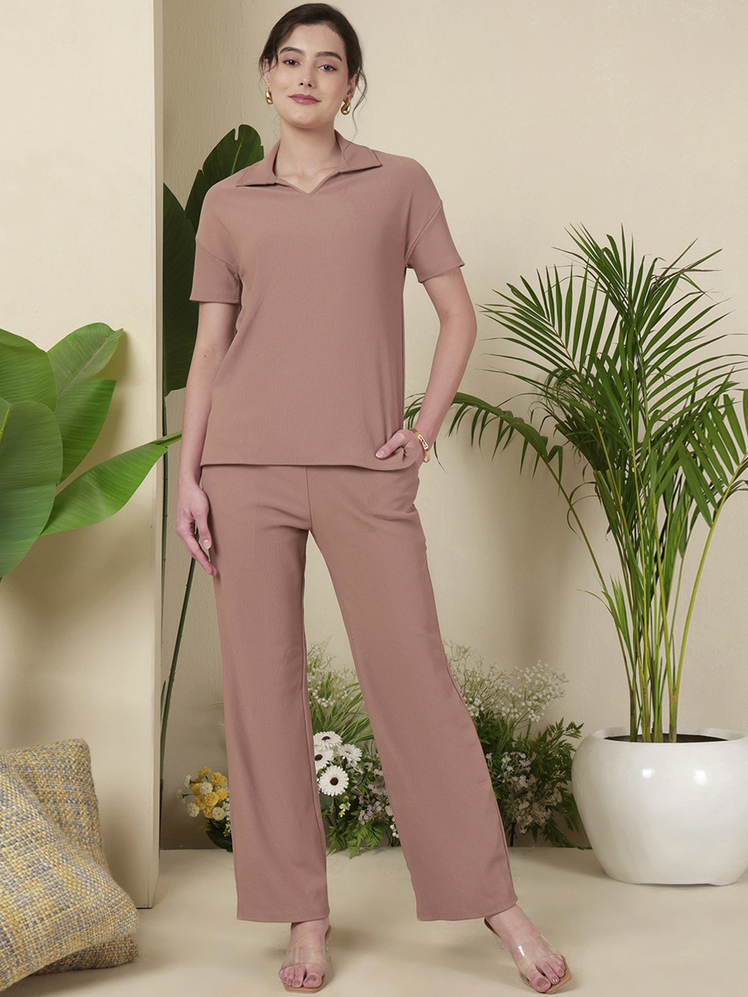 SZN Women Casual Beige Collared T-Shirt and Trousers Co-Ord Set
