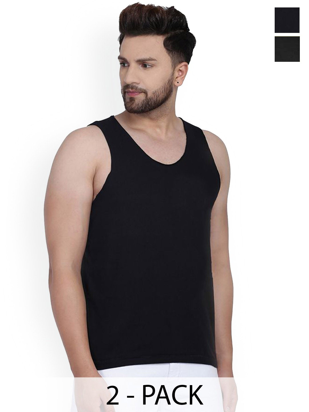 SLOWLORIS Pack Of 2 Printed Combed Cotton Gym Vests VSL26 CMB(PLAIN BLACK)(LOOK BLACK)