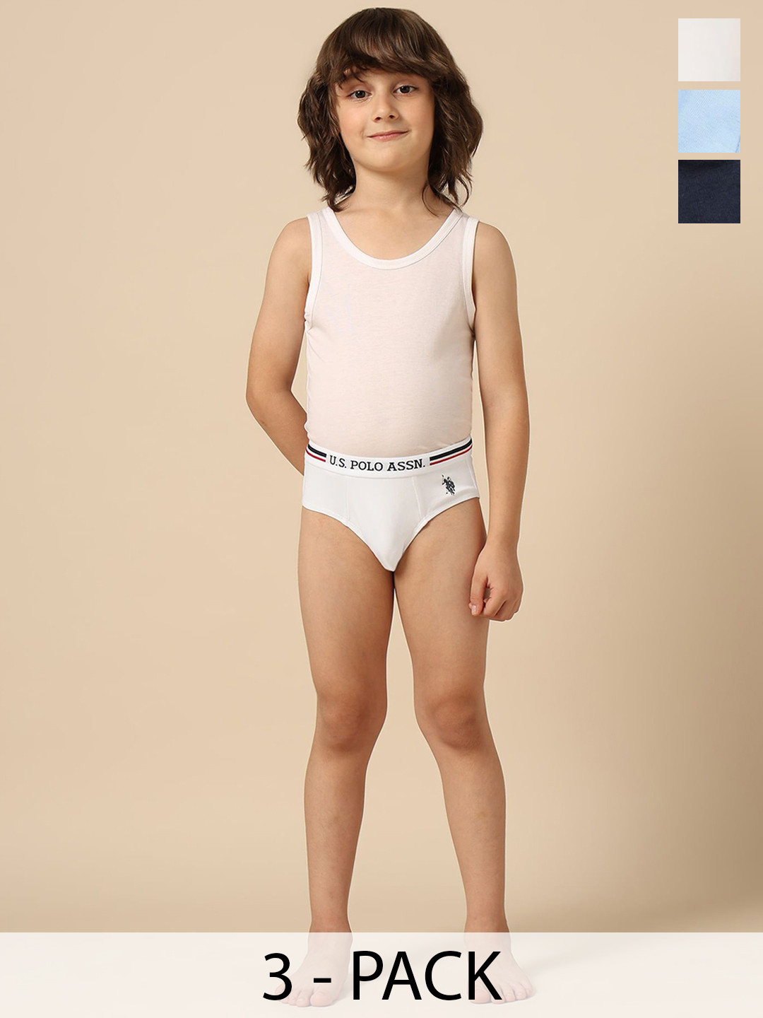 U.S. Polo Assn. Kids Boys Pack Of 3 Mid-Rise Cotton Basic Briefs EKB09-WNB-P3