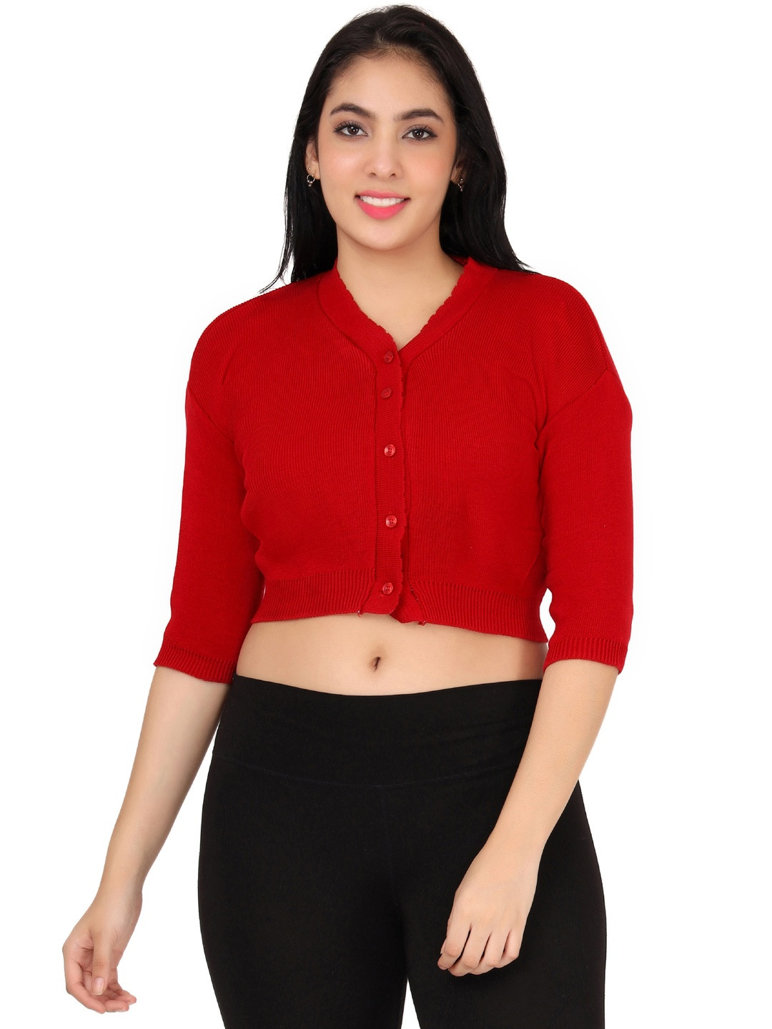 FEMULA Women V-Neck Half Sleeves Regular Fit Woolen Blouse Top