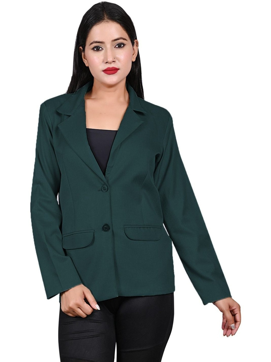 Naida Women Green Solid Cotton Blend Single Breasted Blazer