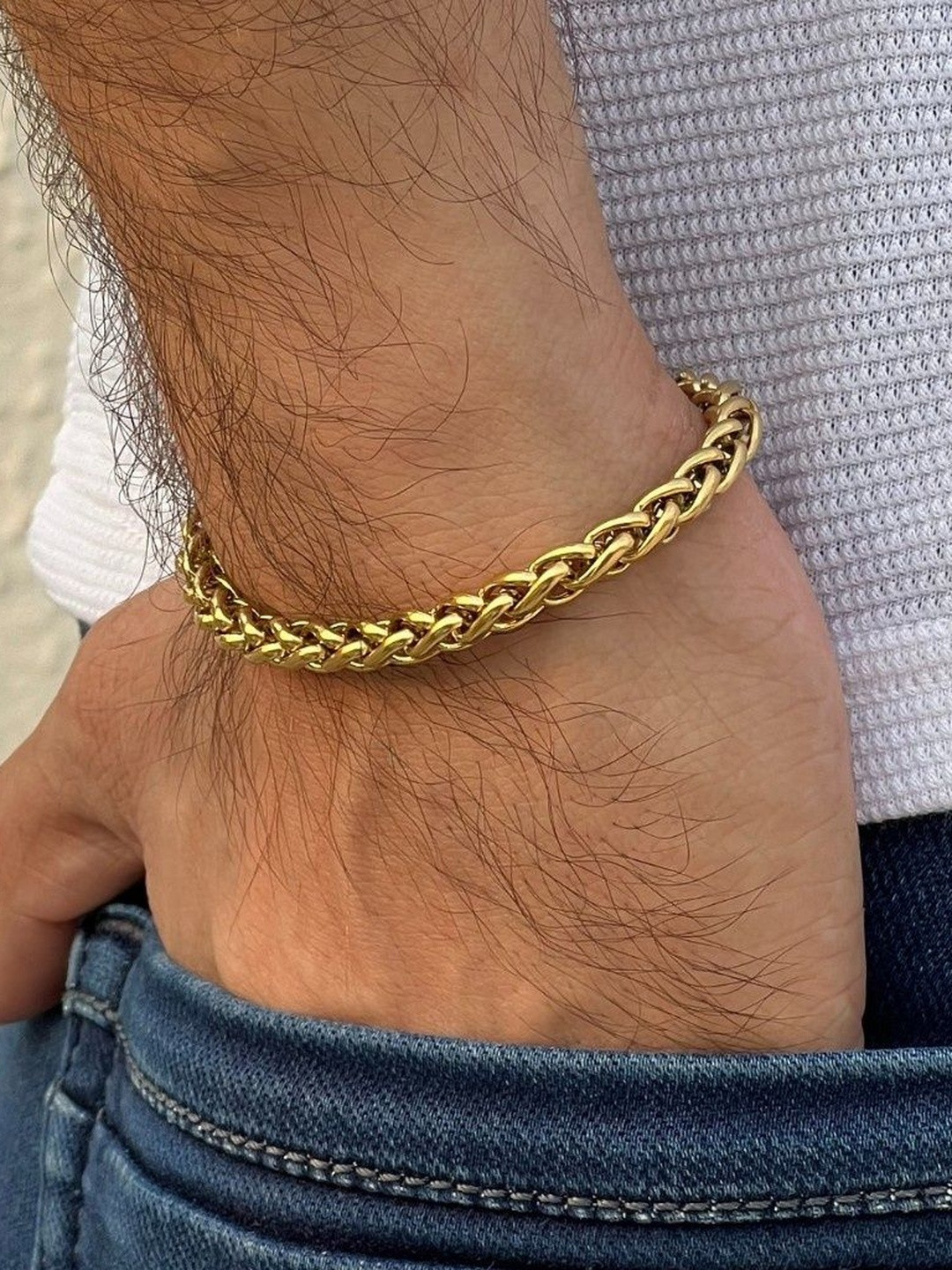 BRANTASHOP Men Gold-Plated Stainless Steel Round Wheat Bracelet