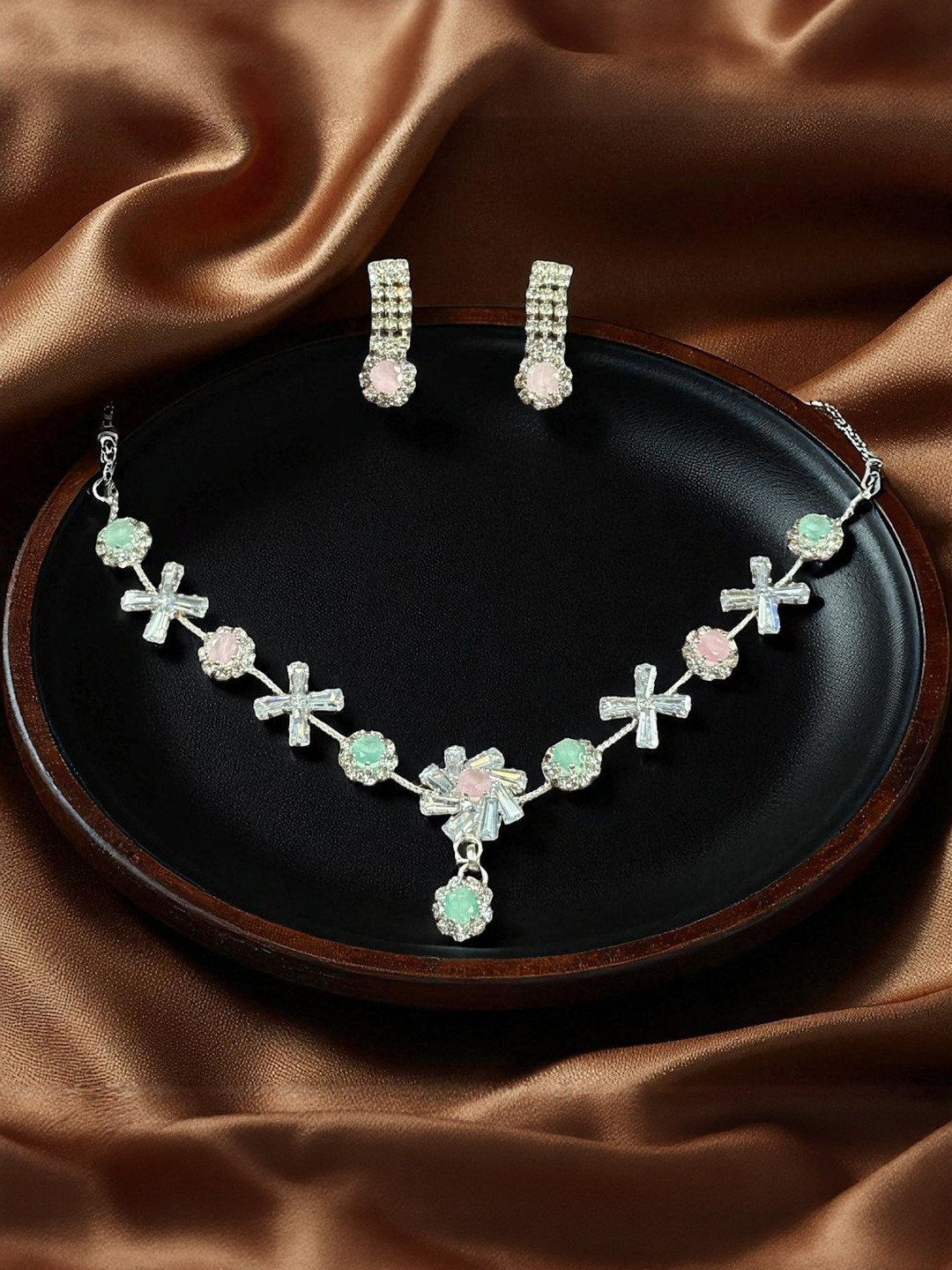 Manvini Women Silver-Plated Cubic Zirconia Necklace & Earrings Set