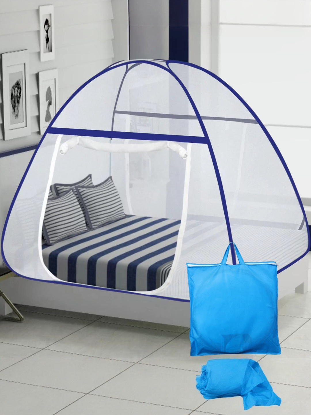 CREDICUS Blue & White Polyester King Size Foldable Tent Mosquito Net