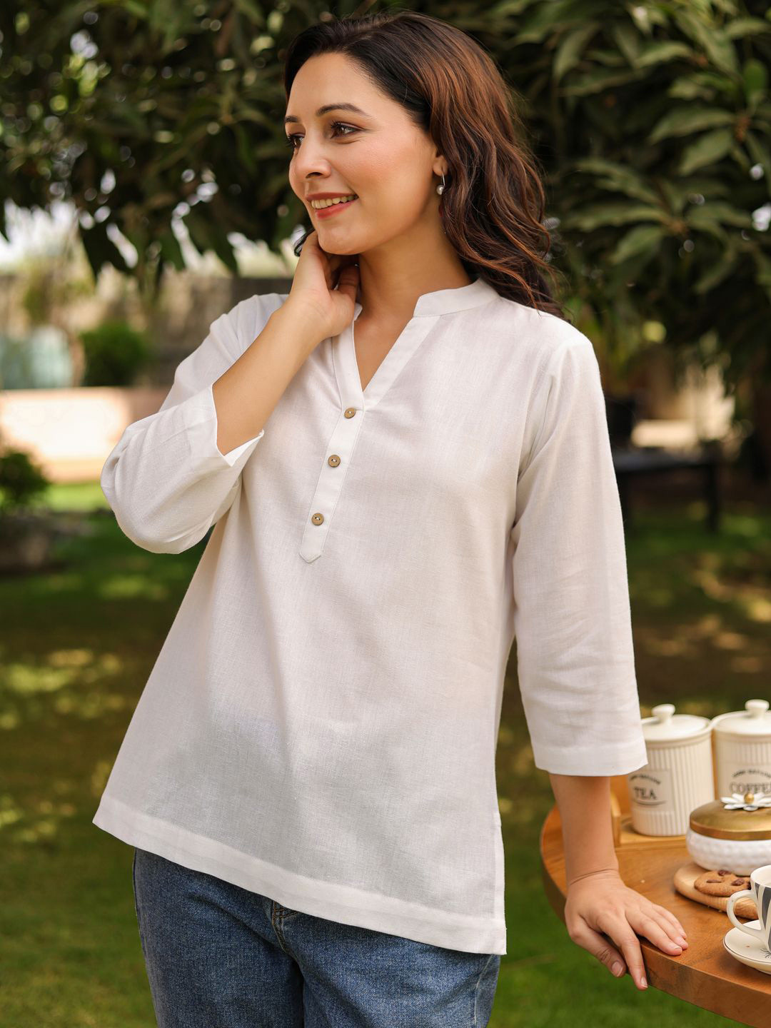 Rain & Rainbow Mandarin Collar Pure Cotton Top