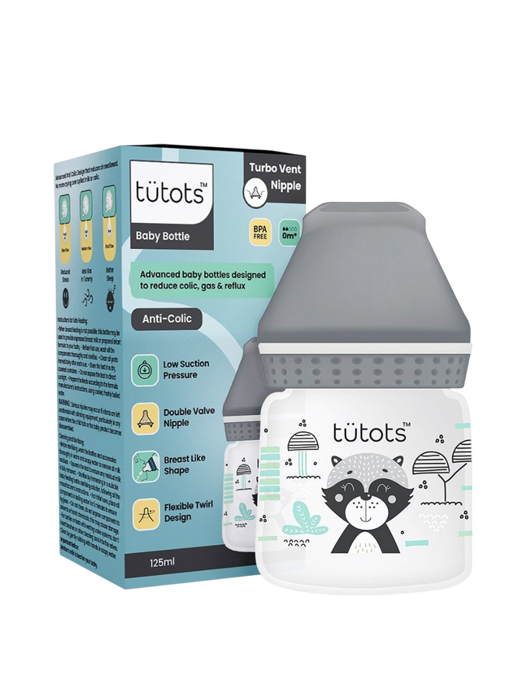 Tutots Kids Infants Grey & White Printed Feeding Bottle - 125 ml