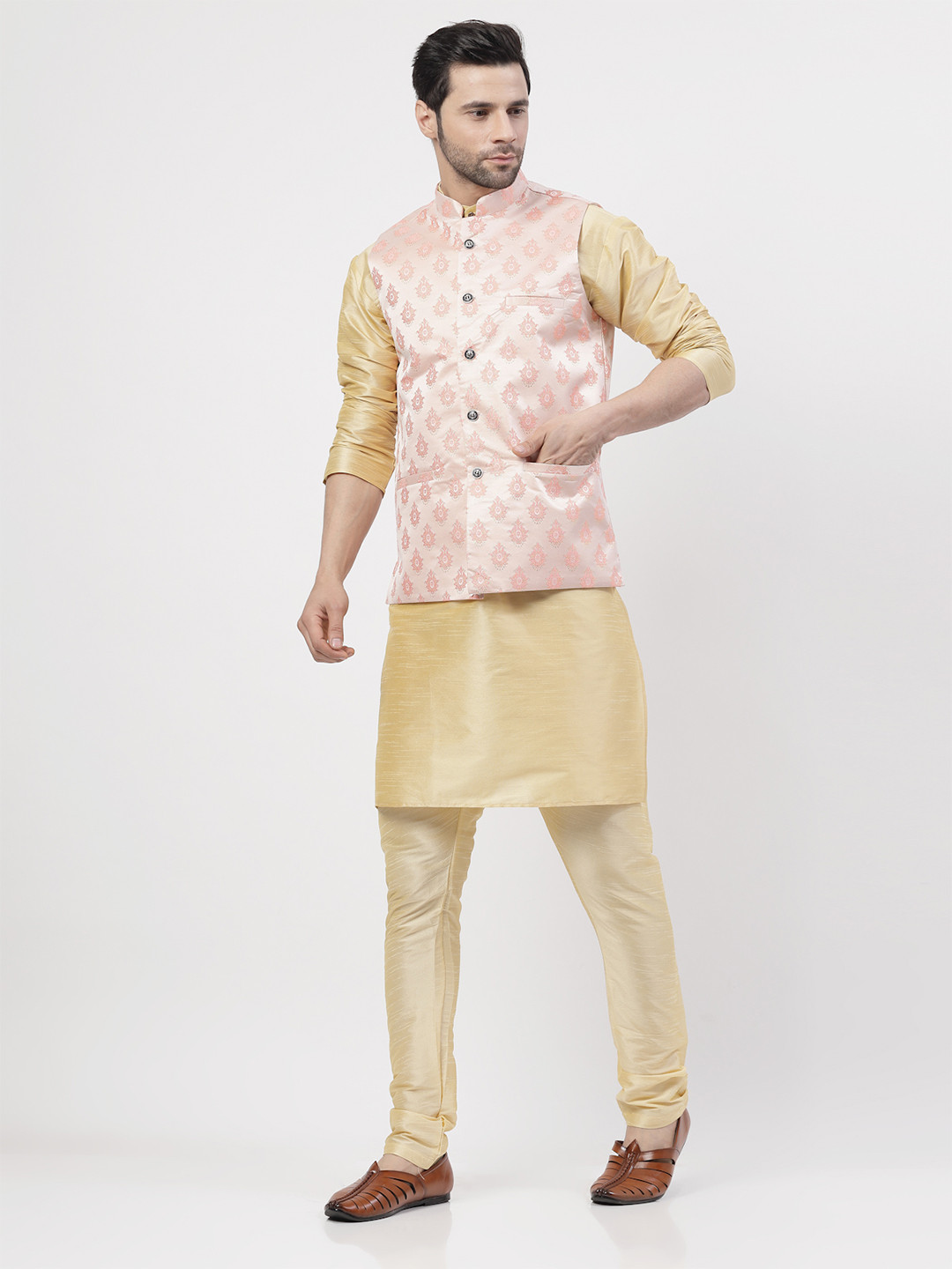 TS LIFESTYLE Mandarin Collar Dupion Silk Kurta With Churidar With Nehru Jacket
