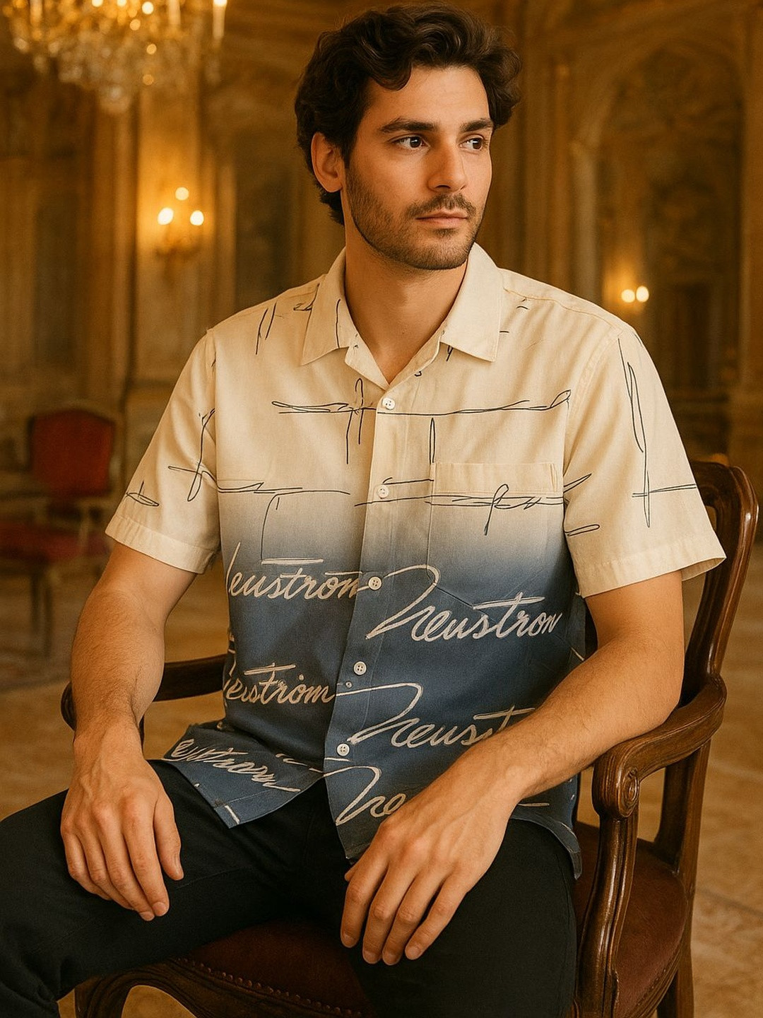 VS MALL Men Linen Blend Blue Short sleeves Casual Shirt