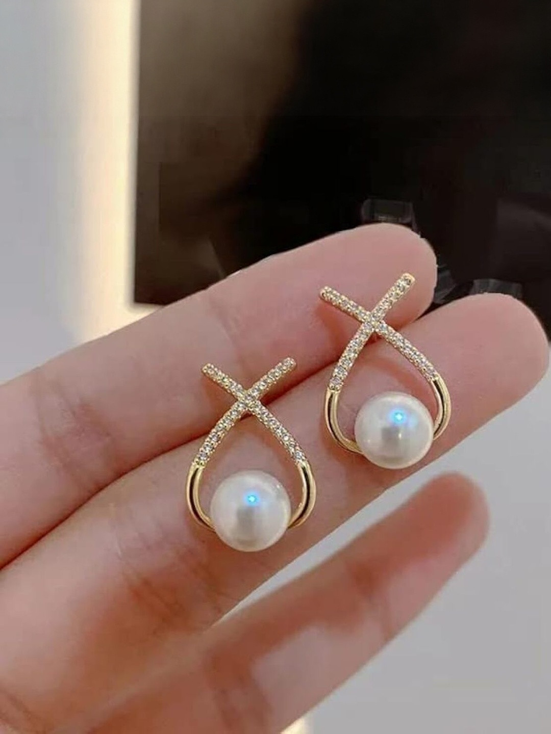 DressBerry Women Gold Korean Diamond Studded Cross Pearl Earrings