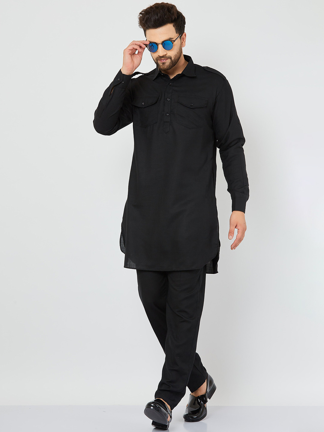 Armaan Ethnic Men Solid Linen Pathani Kurta with Pyjamas
