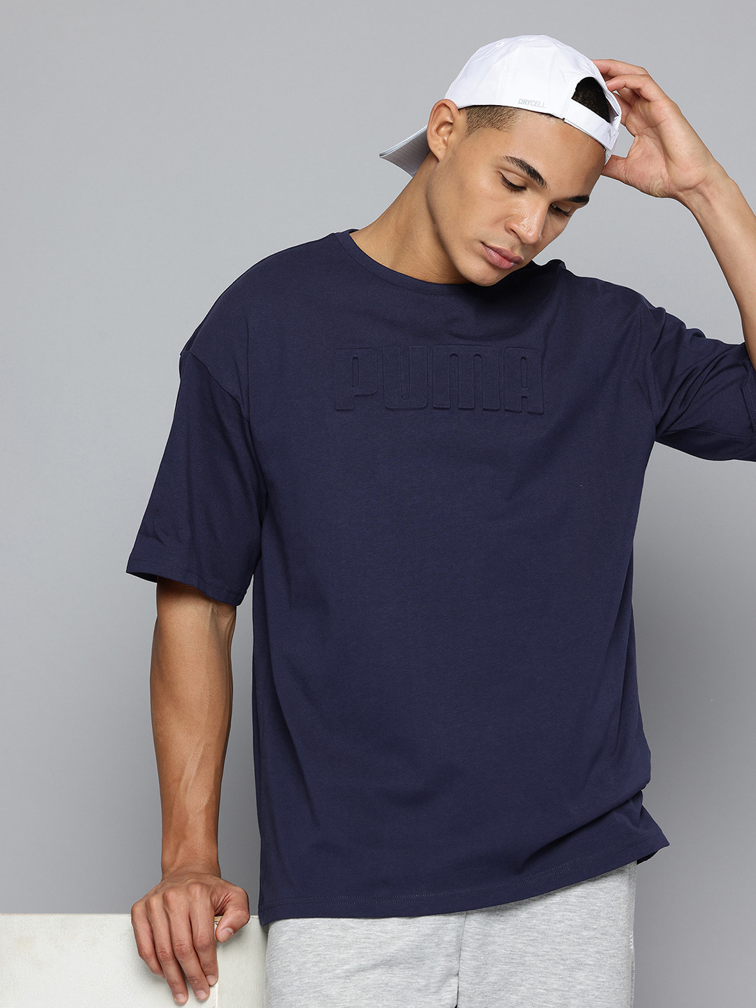 Puma ESS Emboss Brand Logo Drop-Shoulder Sleeves Pure Cotton Boxy T-shirt