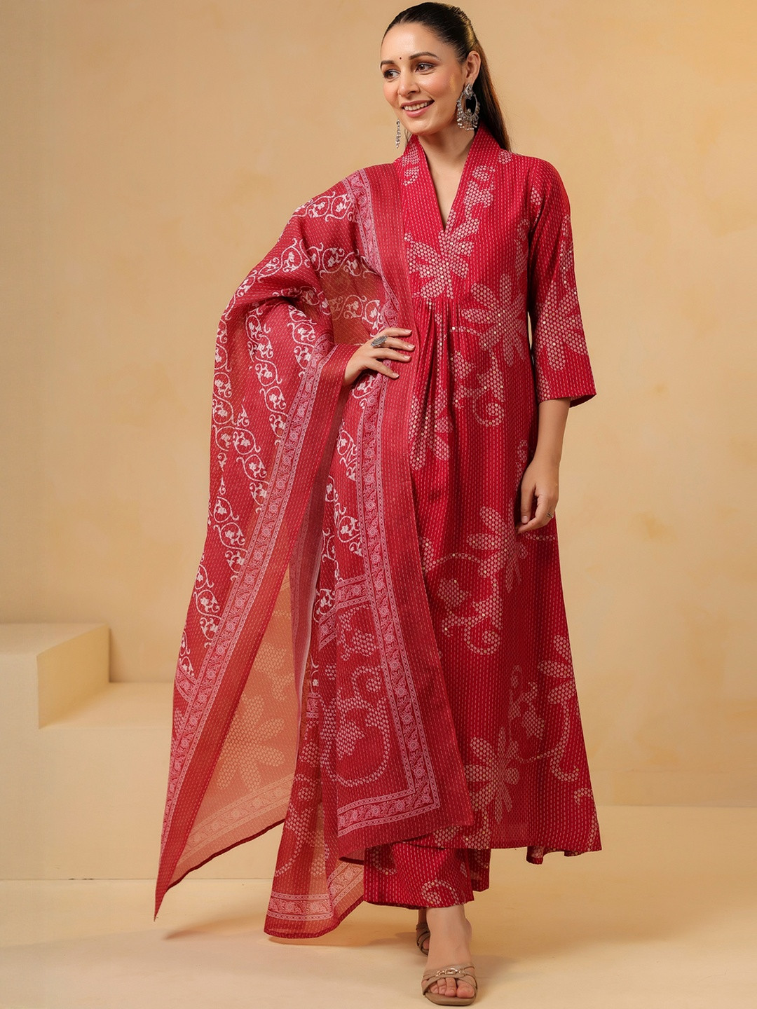 KALINI Women's Red Rayon Blend Printed A-Line Kurta Set With Dupatta
