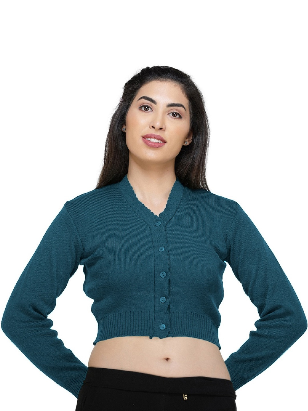 FEMULA Women V-Neck Turquoise Blue Woolen Crop Top