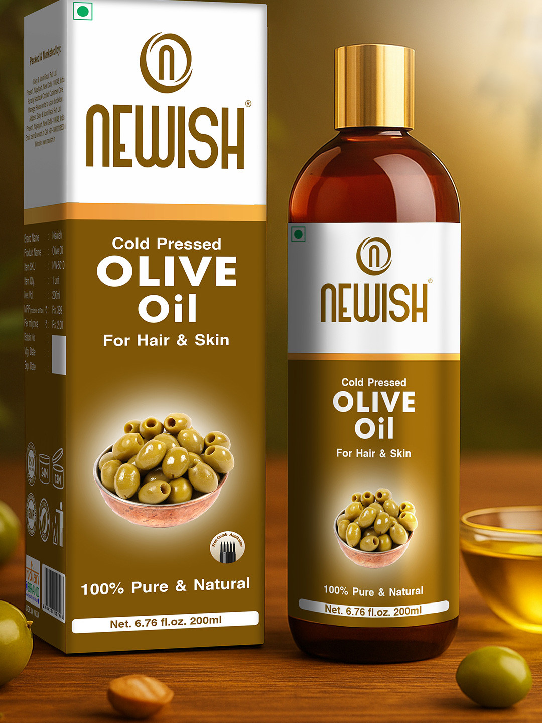 Newish Cold Pressed Non-Sticky Olive Oil for Dry Scalp & Skin - 200ml