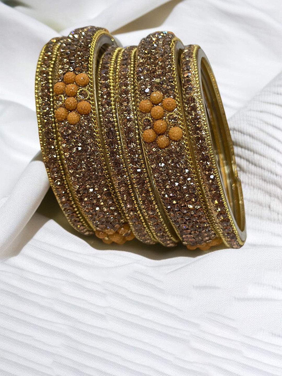 PRIYA KANGAN Women Pack Of 6 Golden & Yellow Zircon Stones Studded Glass Bangles
