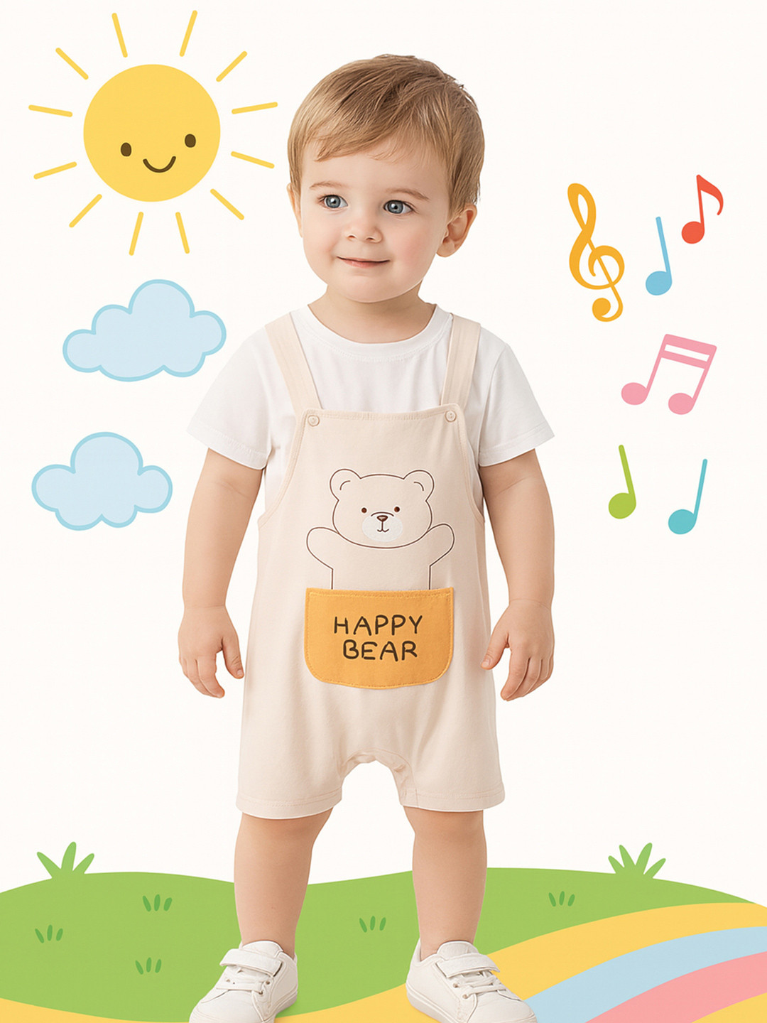Bold N Elegant Infants Happy Bear Printed Short Dungaree With T-Shirt