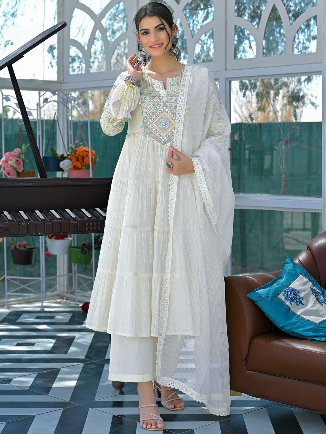 Brand Hill Women Embroidered Empire Mirror Work Pure Cotton Kurta with Palazzos & Dupatta