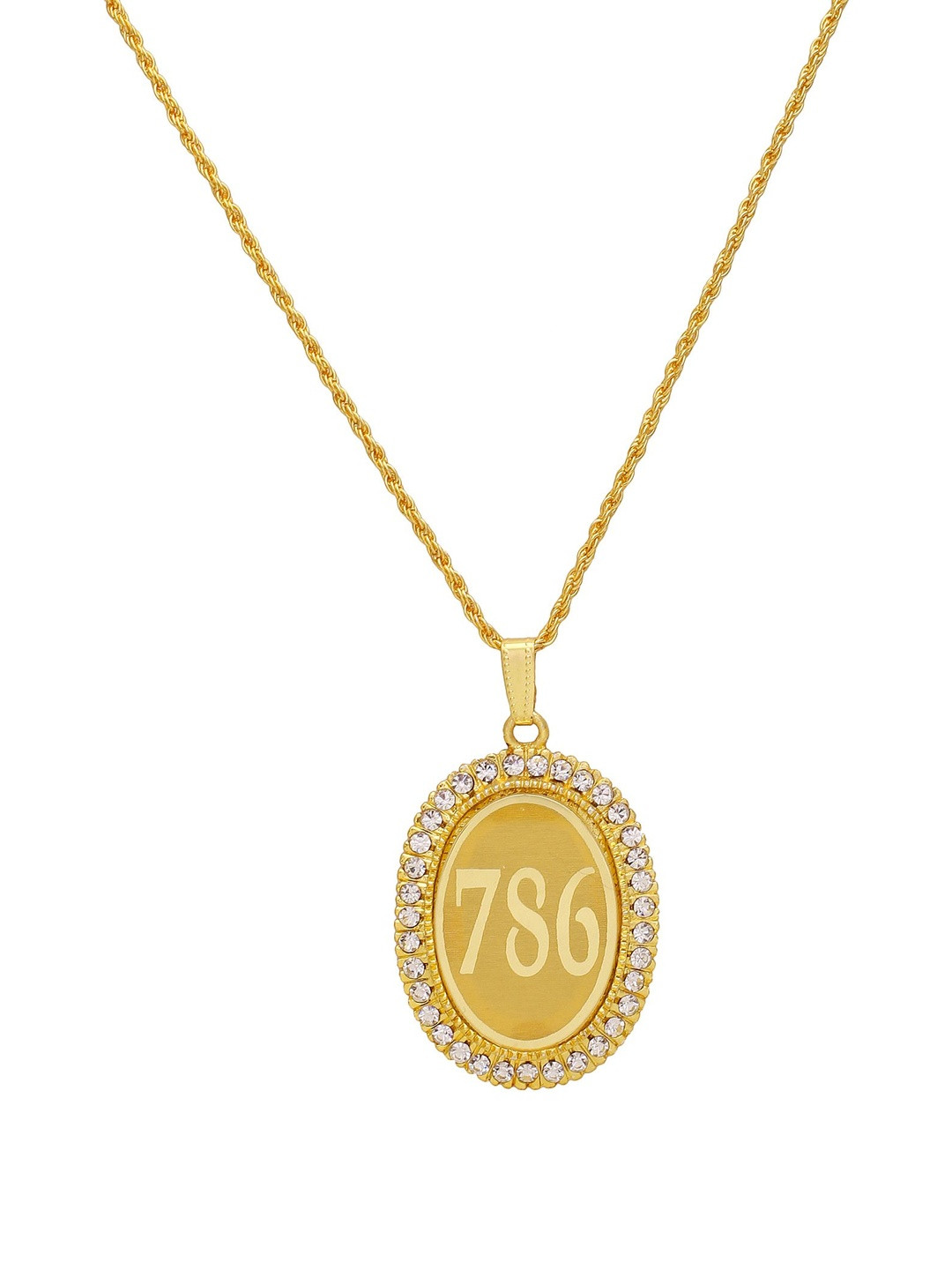 Gold plated CZ studded 786 letter engraved oval chain pendant
