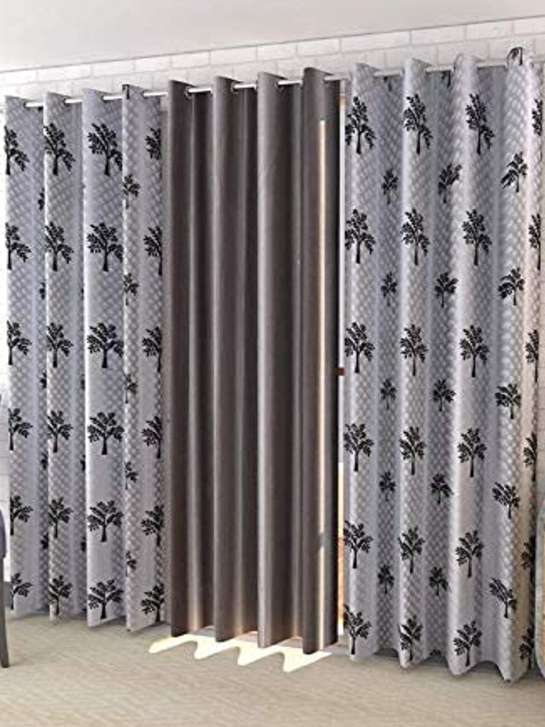 AADI TRADERS Set of 3 Grey  Floral Print Door Curtain