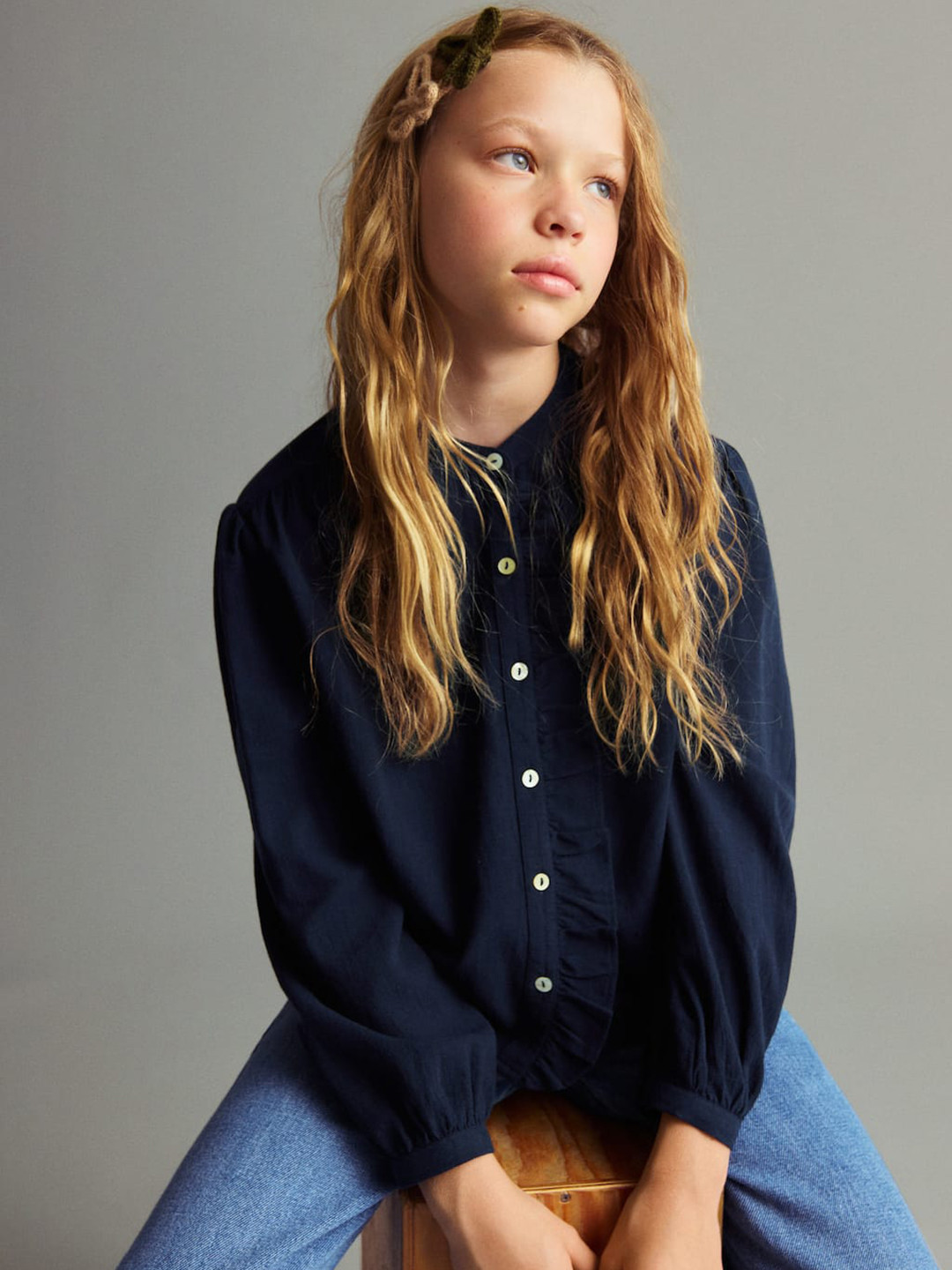 Mango Kids Ruffled Indigo Cotton Shirt Style Top