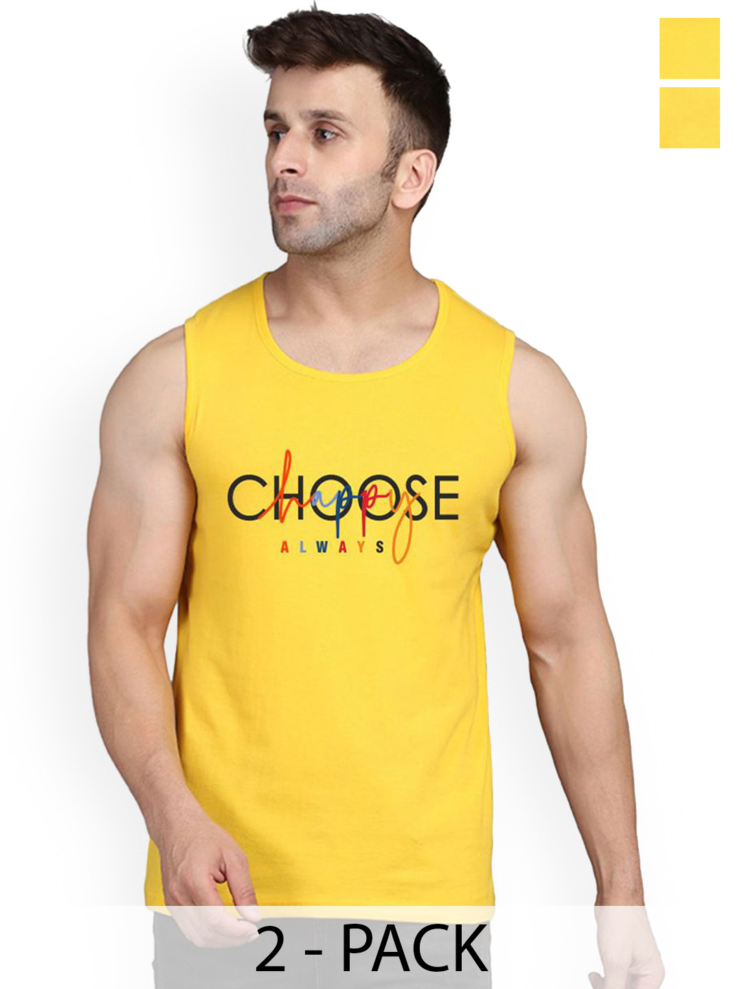 SLOWLORIS Pack Of 2 Printed Combed Cotton Gym Vest VSL26 CMB(CHS YELLOW)(LOUD YELLOW)
