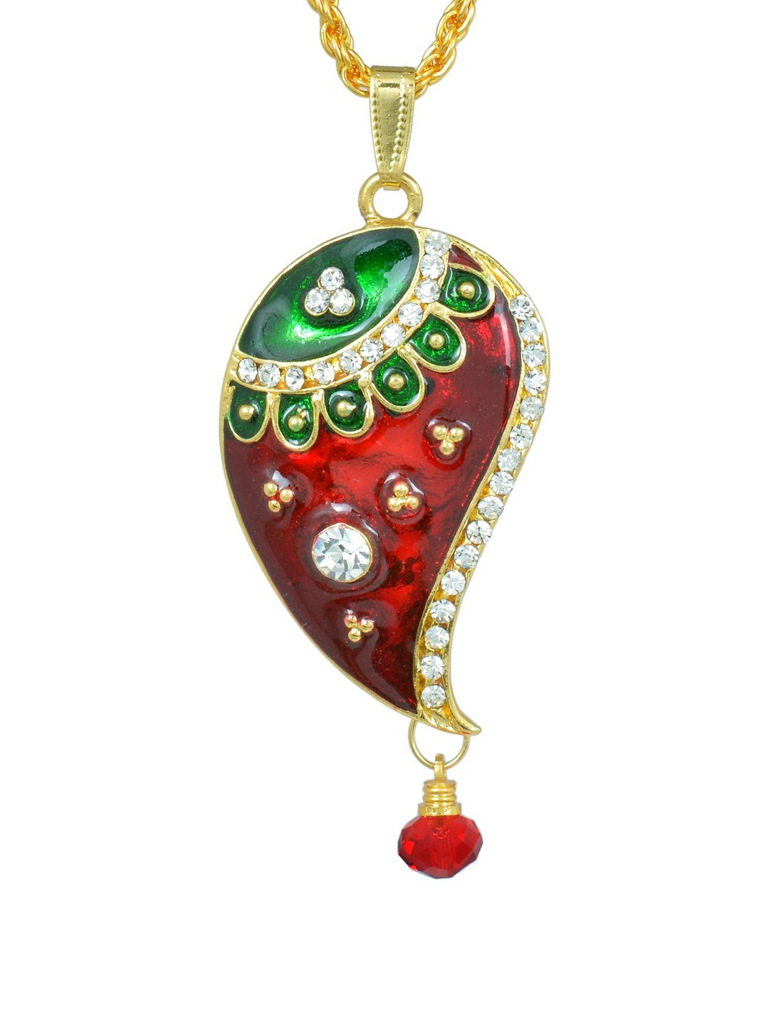 Gold Plated CZ studded Red and Green Meenakari Kairi Mango shape chain pendant