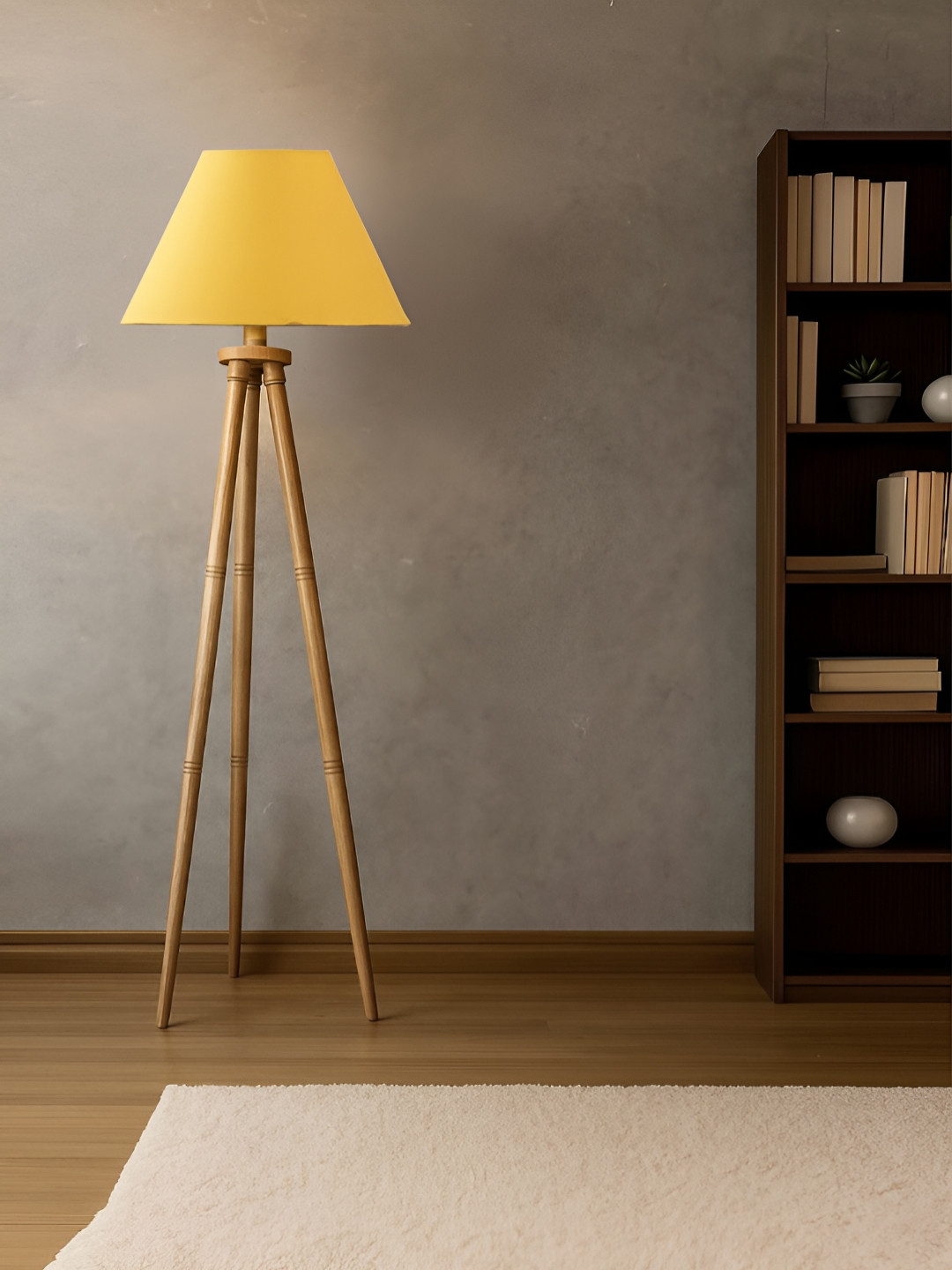Devansh Yellow cotton Drum shade with Wooden Tripod Lamp