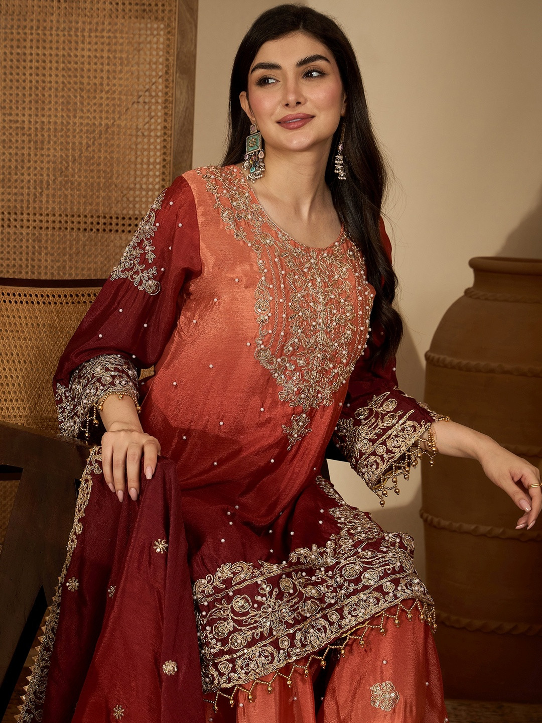 Rust Chinon Silk Embroidery Work Kurta With Sharara And Dupatta
