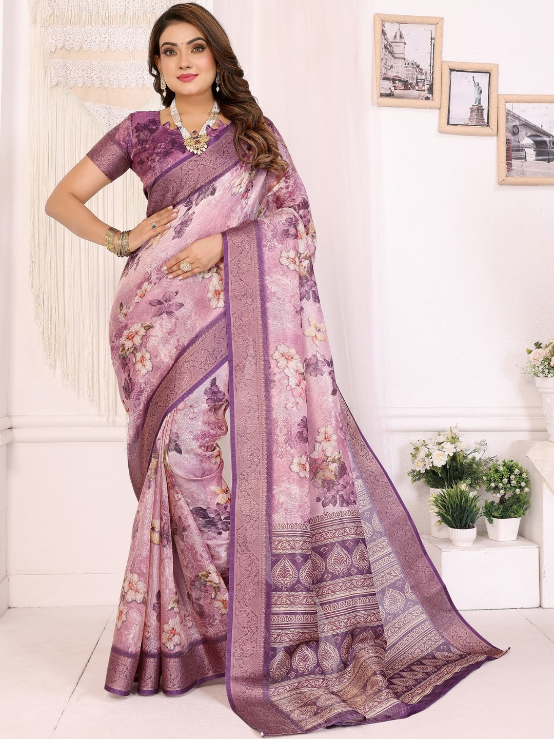 Purple Mulberry Silk Digital Printed Saree With Contrast Blouse Piece