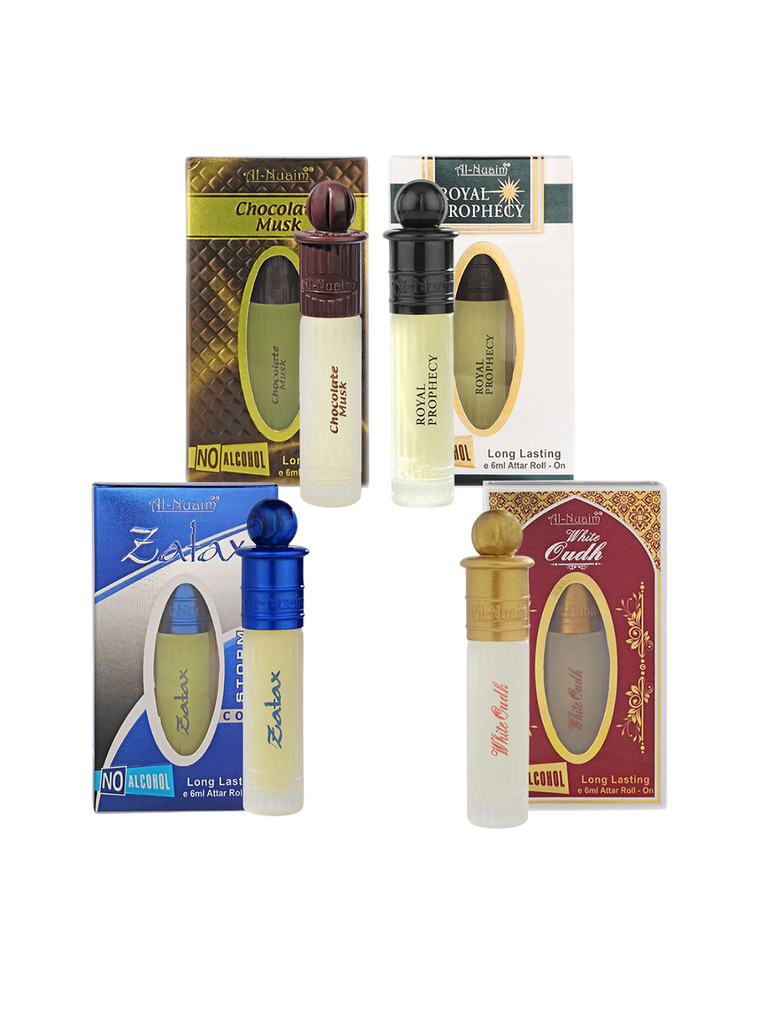 Al-Nuaim Pack of 4 Chocolate Musk, Royal Prophecy & Zatax Roll On Attar 6ml Each