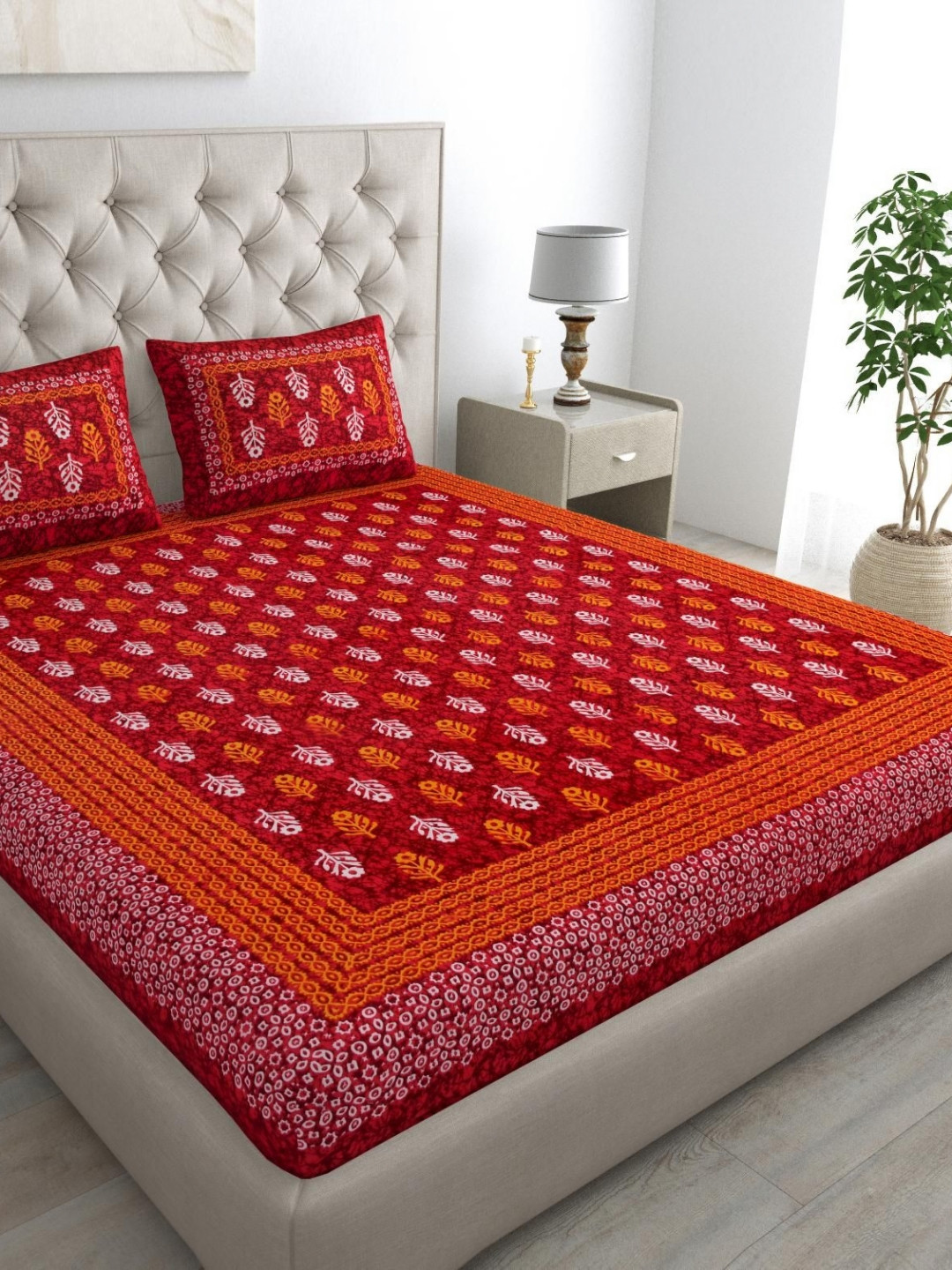 Lali Prints Red & Orange Colored Printed Cotton 180 TC Queen Bedsheet Set 2.28 m x 2.54 m
