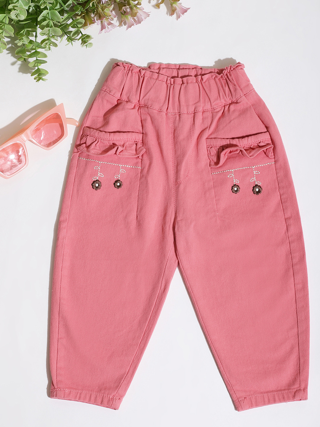 Lil Townie Girls Embroidered Mid-Rise Relaxed-Fit Easy Wash Cotton Trouser