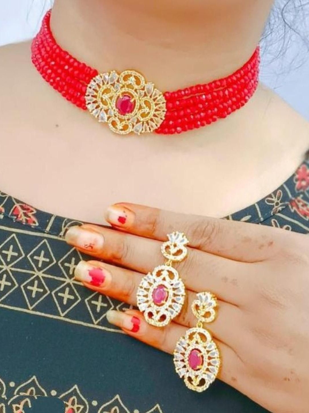 premjewellers Red Beaded Gold Choker Necklace set