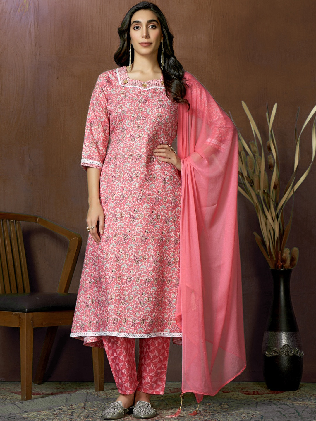 Pure Cotton Printed Anarkali Kurta Pant Dupatta Set