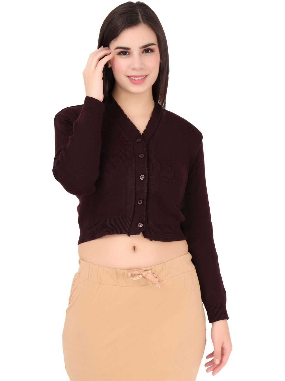 FEMULA Women Burgandy Woollen Crop Sweater