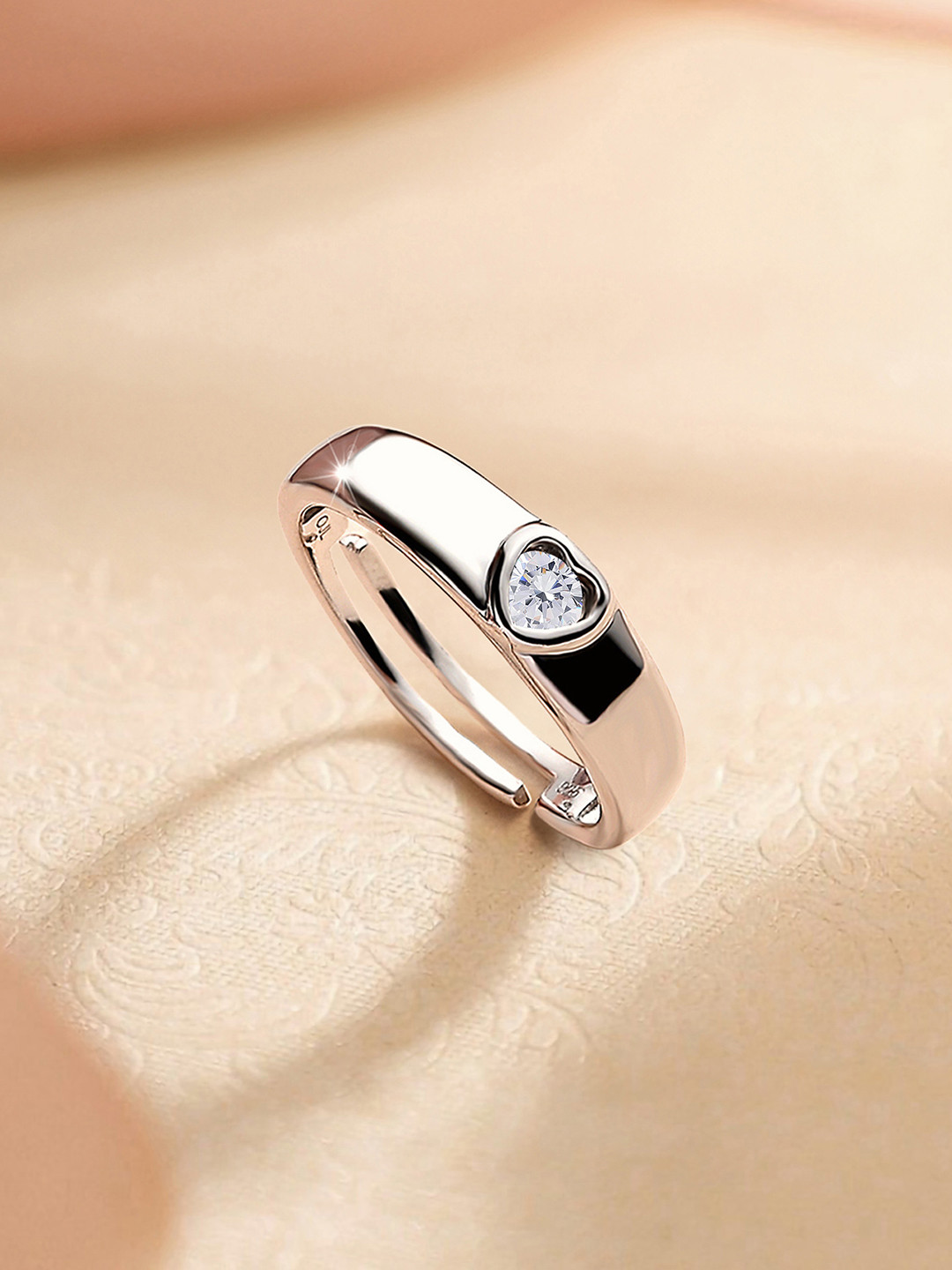 Ornate Jewels 925 Sterling Silver American Diamond Heart Solitaire Adjustable Ring