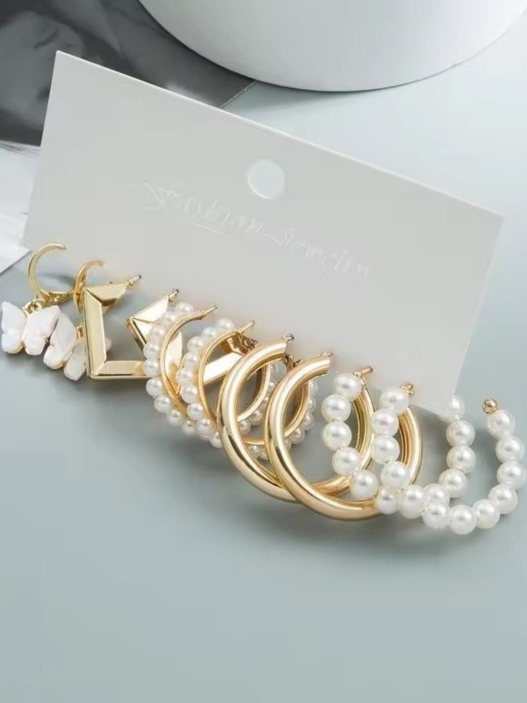 DressBerry Women Set Of 5 Gold Plated Butterfly & Pearl Charm Small Hoops Earrings Set