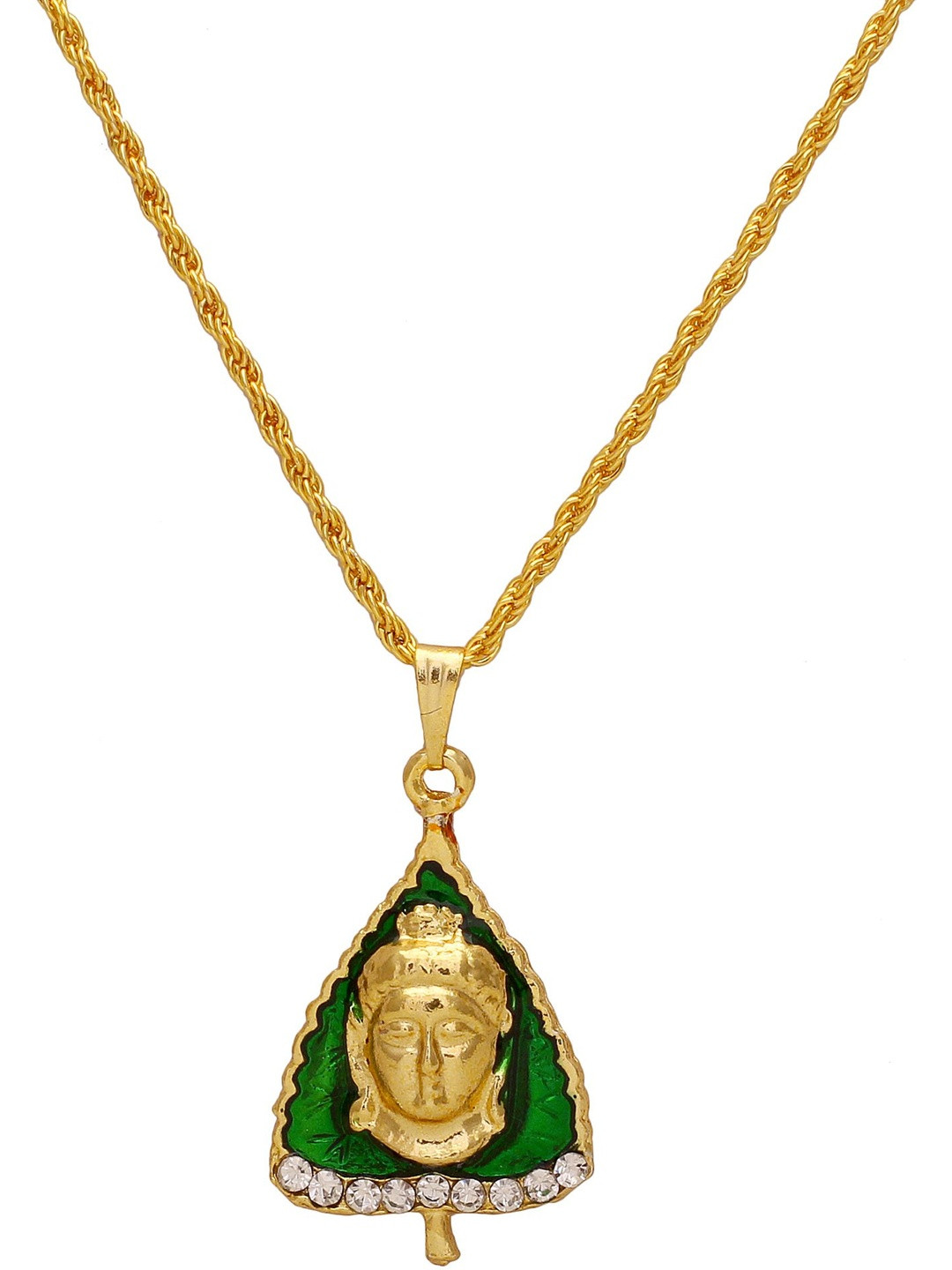 Gold plated CZ Lord Buddha Head, on Green enamelled locket chain pendant