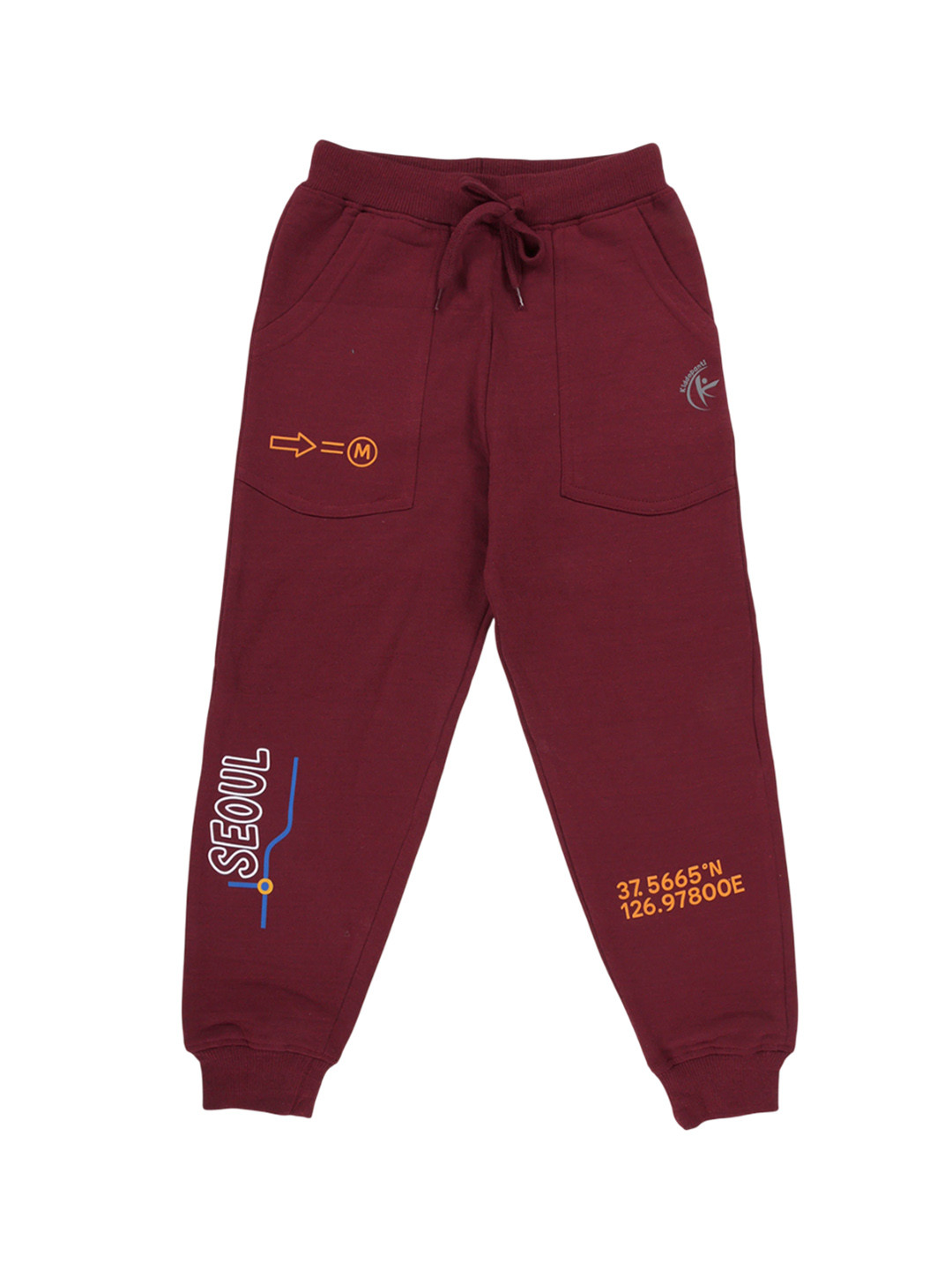 KiddoPanti Boys Maroon Seoul-Themed Fleece Track Pant
