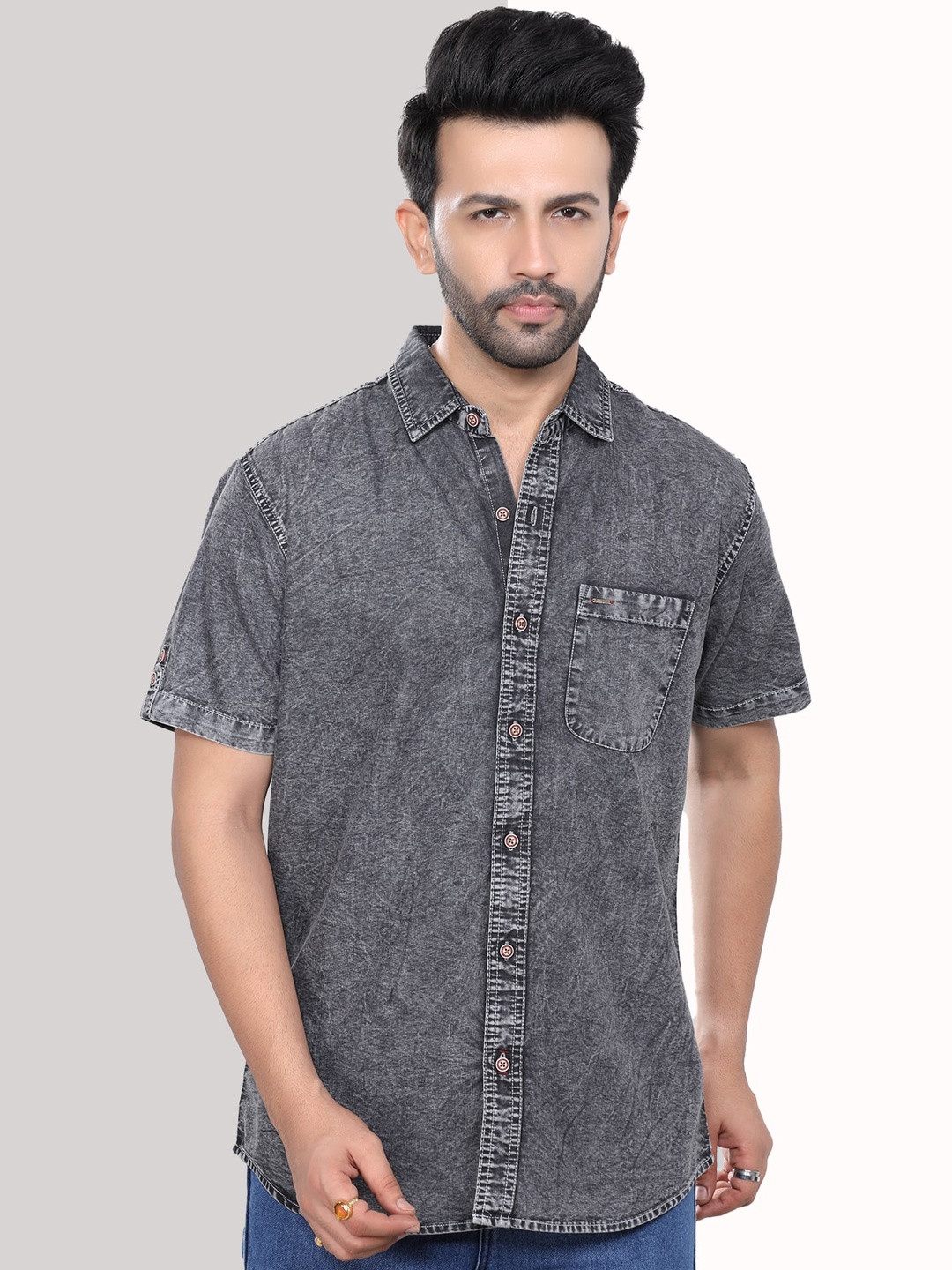 D Finish Men Grey Half Sleeve Denim Shirt