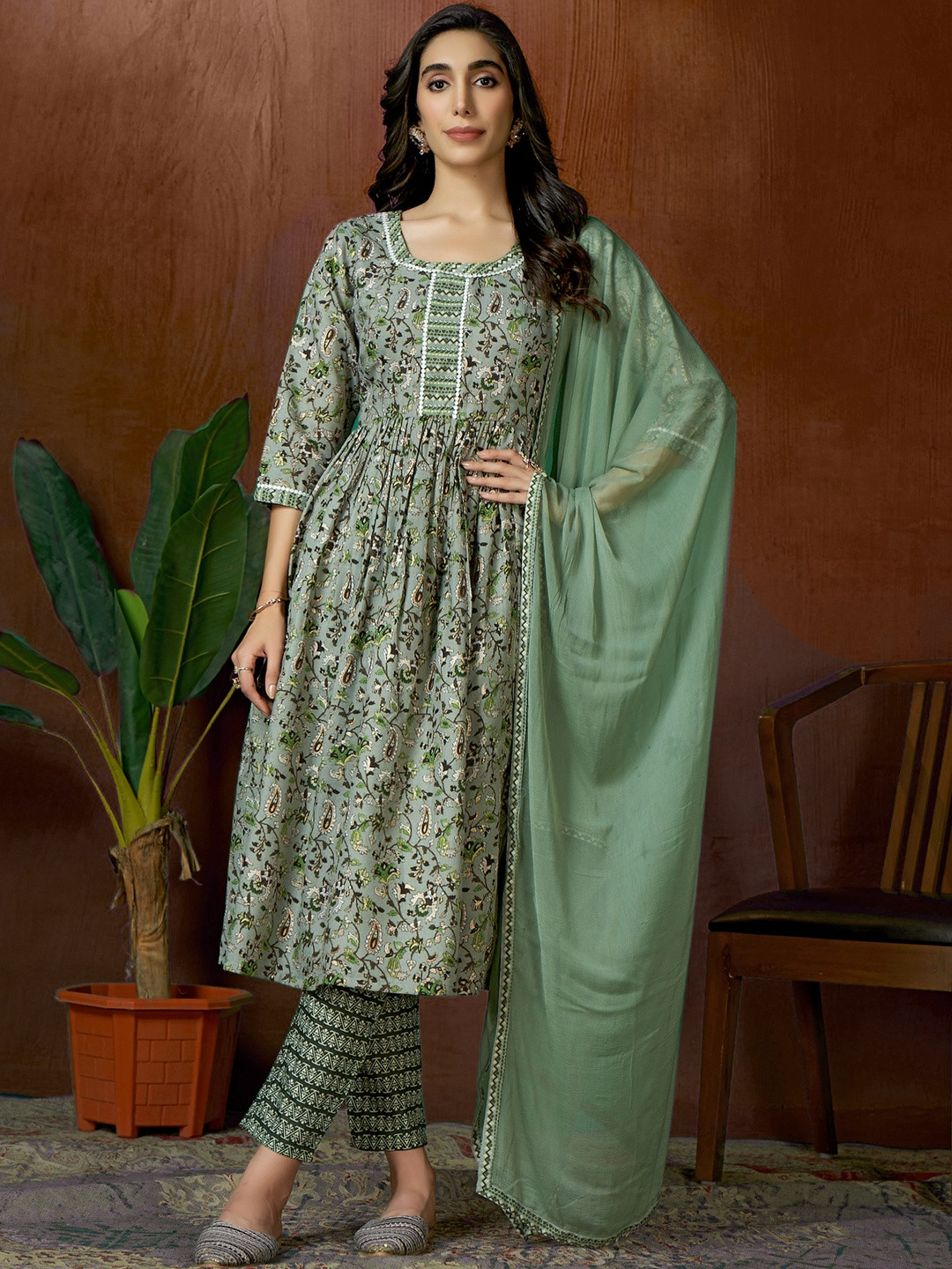 Pure Cotton Printed Anarkali Kurta Pant Dupatta Set