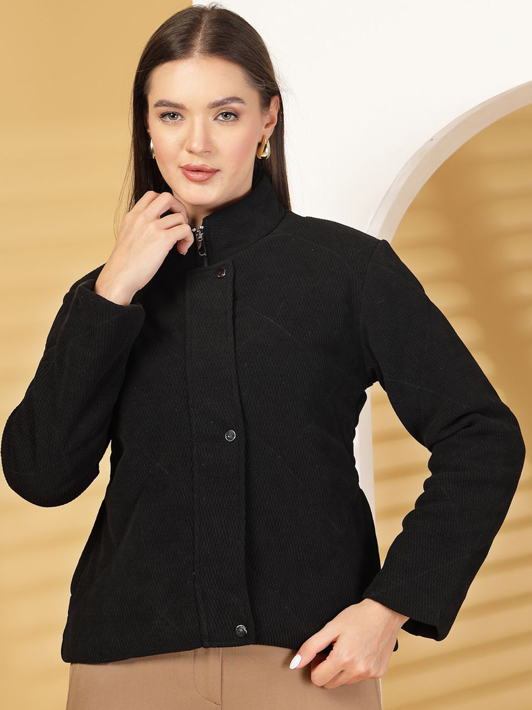 Thirty Threads Women Mock Collar Solid Tailored Jacket
