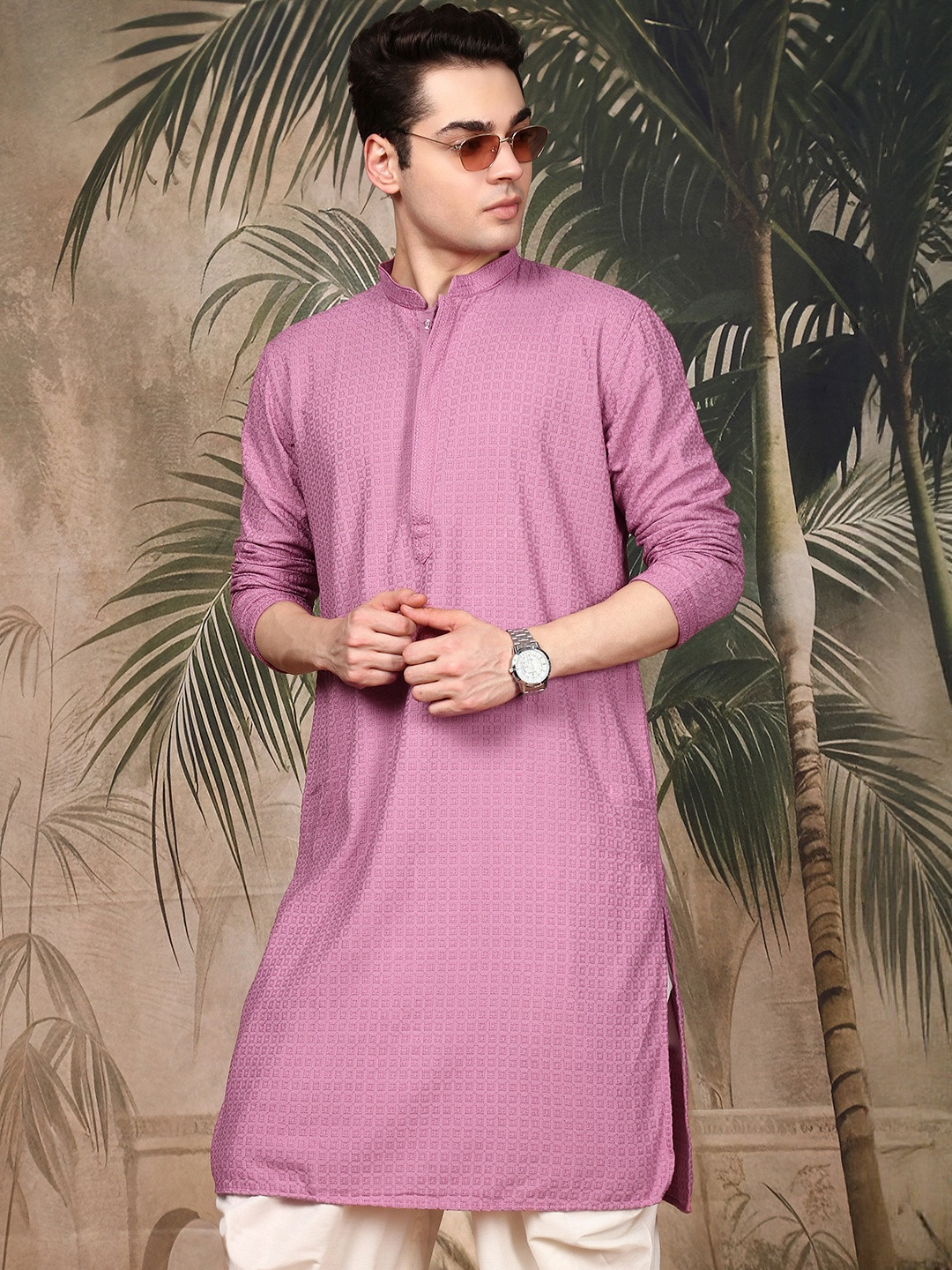 Sangria Men Pink Cotton Chikankari Kurta Designed With Intricate Detailing
