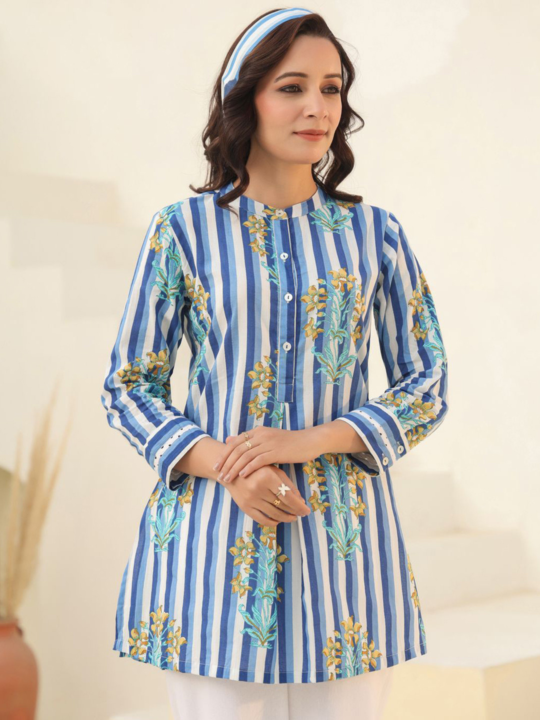 Rain & Rainbow Women Mandarin Collar Striped Pure Cotton Tunic